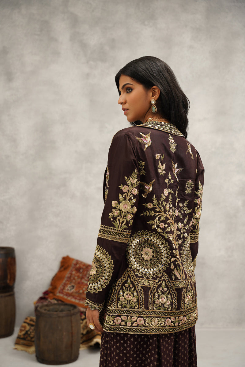 Brown Banarsi Georgette Embroidered Jacket, Crop Top And Sharara Set