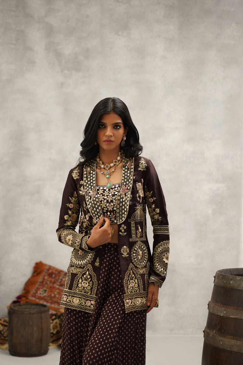 Brown Banarsi Georgette Embroidered Jacket, Crop Top And Sharara Set