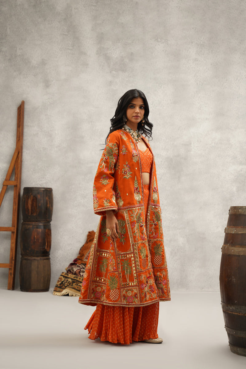 Rust Orange Embroidered Jacket, Crop Top And Sharara Set