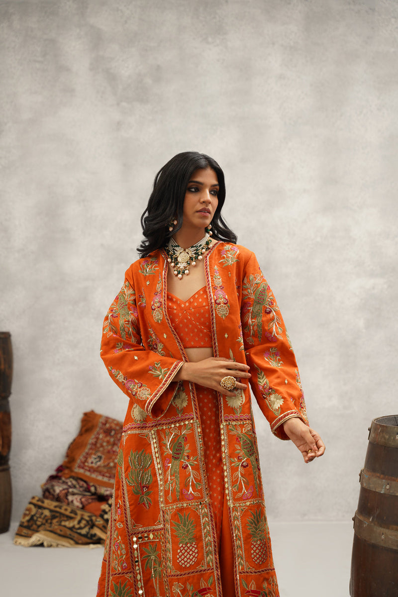 Rust Orange Embroidered Jacket, Crop Top And Sharara Set