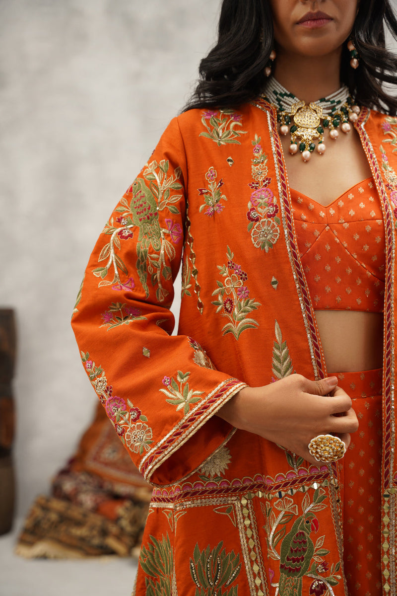 Rust Orange Embroidered Jacket, Crop Top And Sharara Set