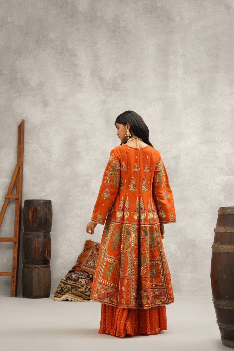 Rust Orange Embroidered Jacket, Crop Top And Sharara Set