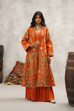 Rust Orange Embroidered Jacket, Crop Top And Sharara Set