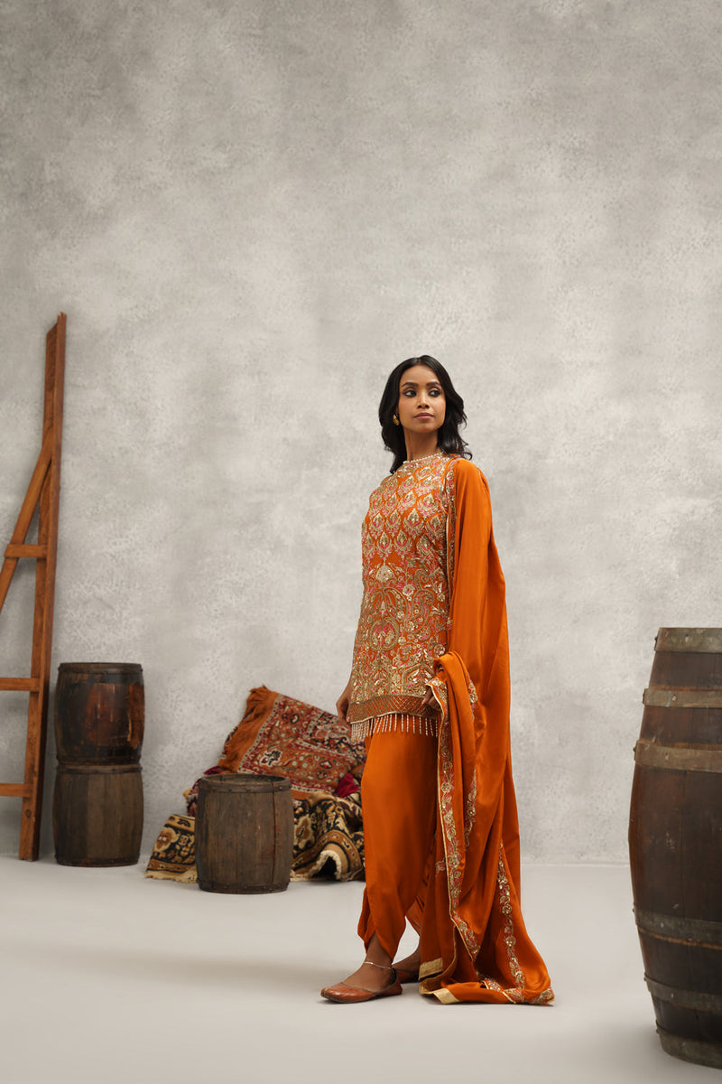 Rust Orange Embroidered Kurti, Dhoti And Dupatta Set