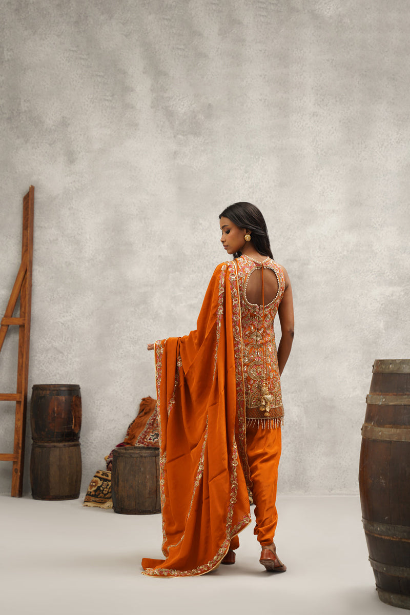 Rust Orange Embroidered Kurti, Dhoti And Dupatta Set