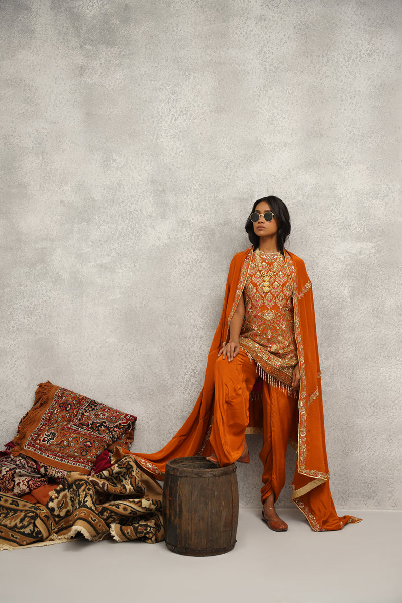 Rust Orange Embroidered Kurti, Dhoti And Dupatta Set