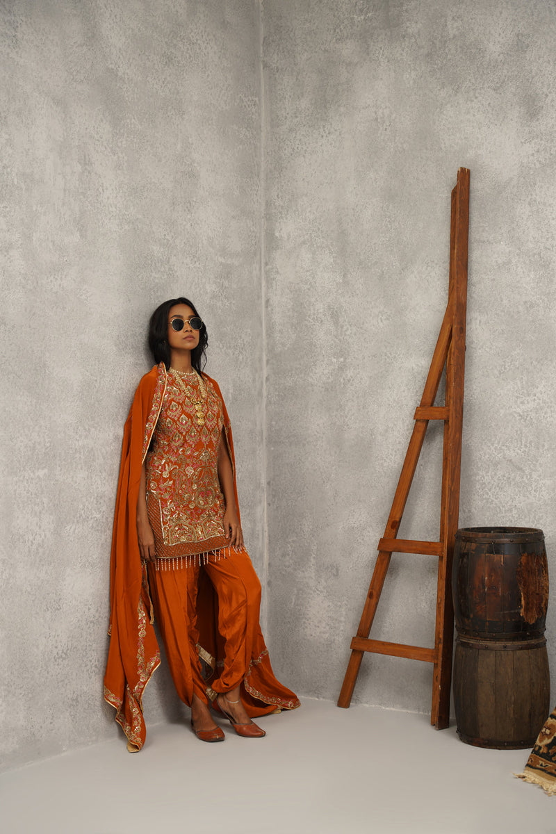 Rust Orange Embroidered Kurti, Dhoti And Dupatta Set