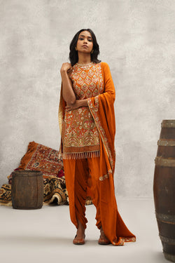 Rust Orange Embroidered Kurti, Dhoti And Dupatta Set