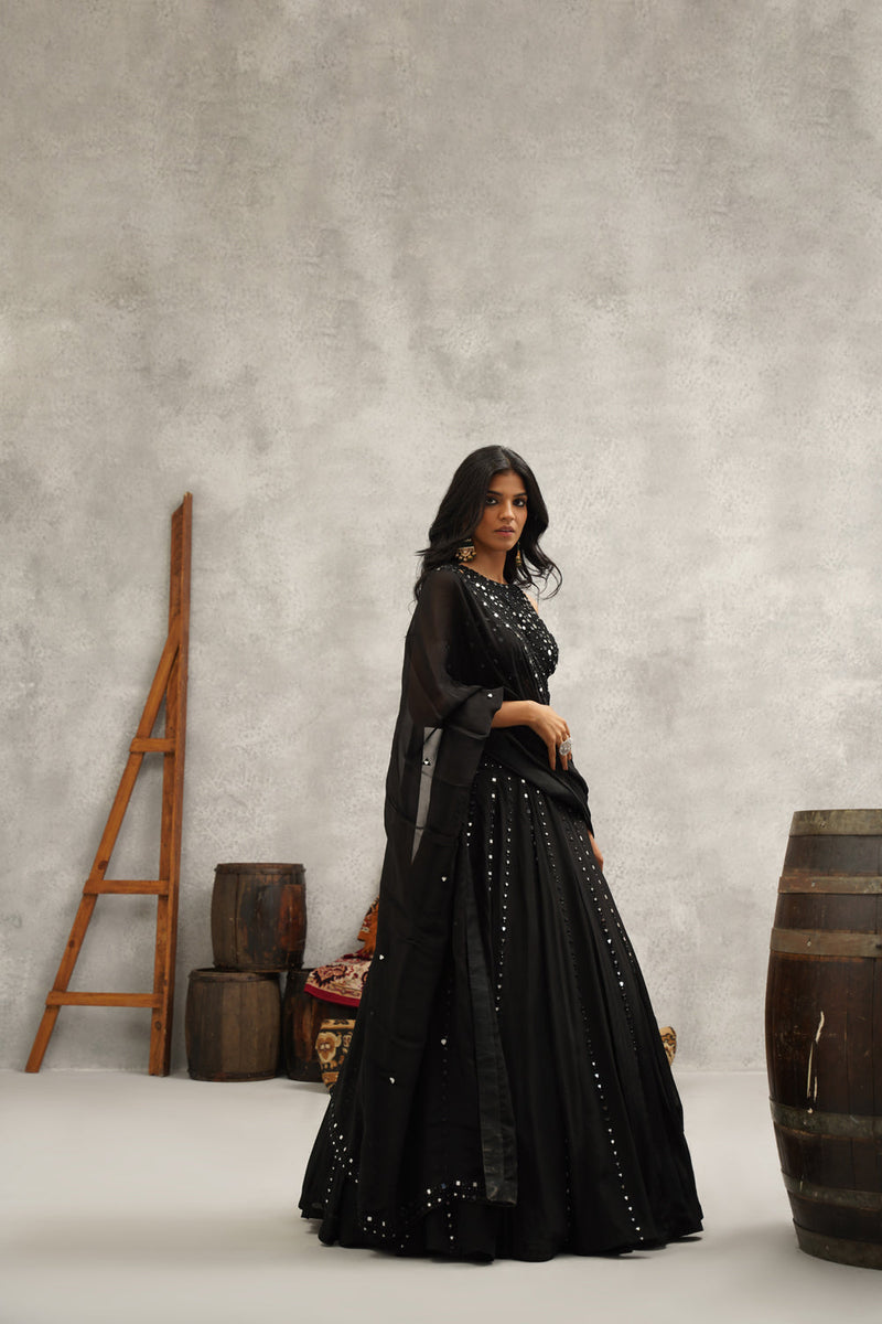 Black Mirror Work Embroidered Lehenga Set