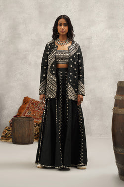 Black Embroidered Silk Jacket, Crop Top And Sharara