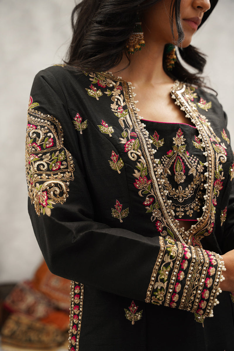 Black Embroidered Silk Bustier, Kurti, Pant And Dupatta Set