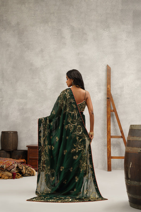 Bottle Green Embroidered Saree Set