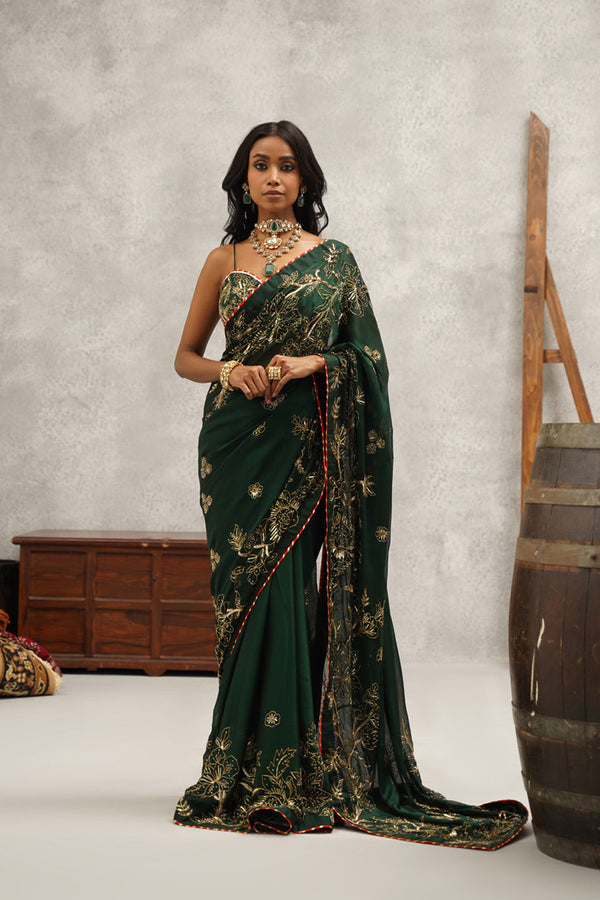 Bottle Green Embroidered Saree Set