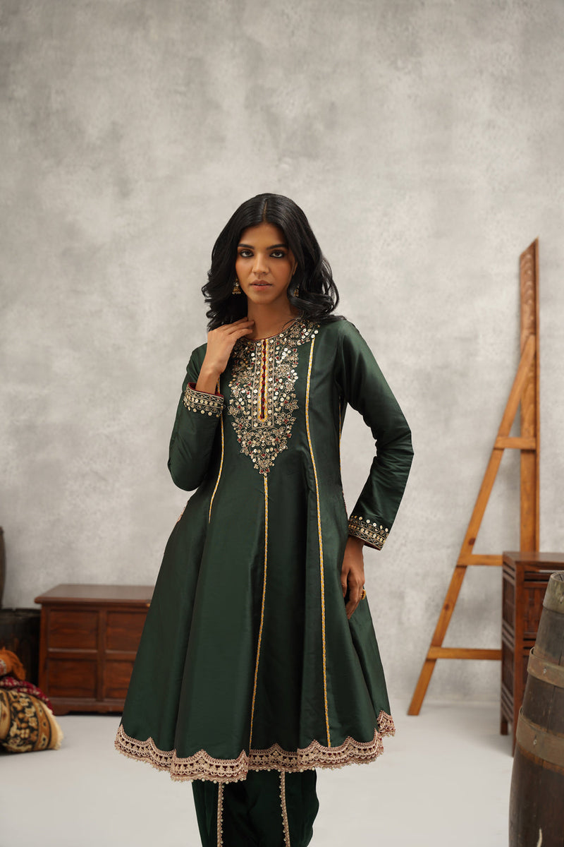 Green Embroidered Anarkali Dhoti Set