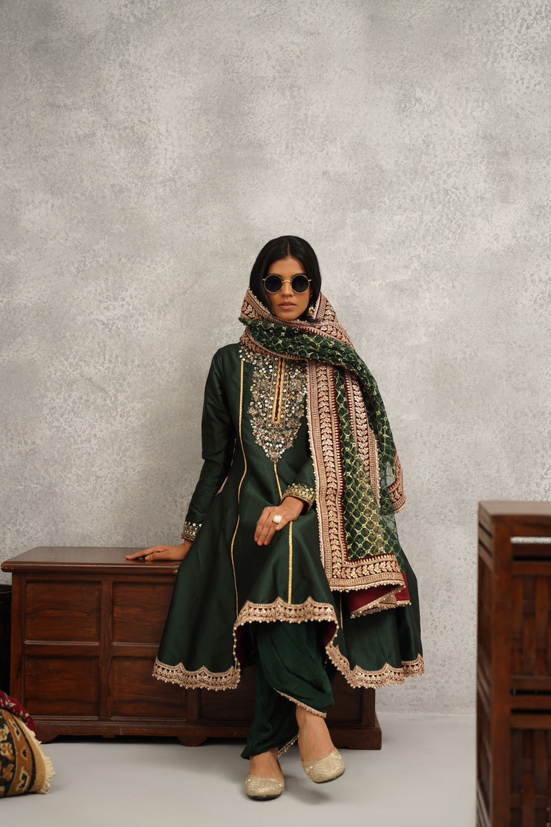 Green Embroidered Anarkali Dhoti Set