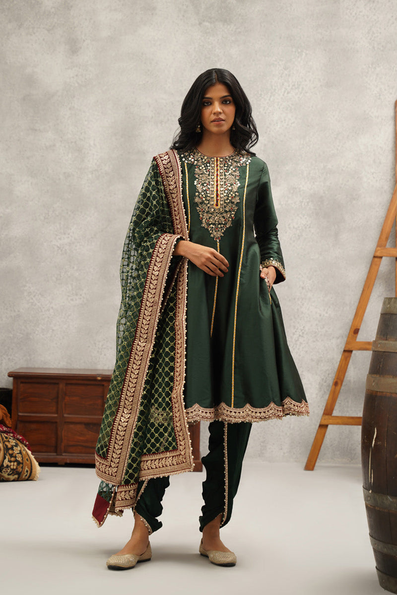 Green Embroidered Anarkali Dhoti Set