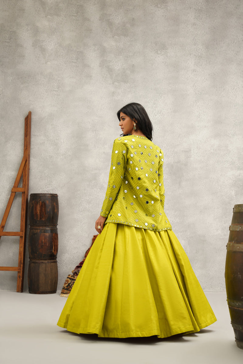 Lime Green Mirror Work Blouse, Jacket And Lehenga Set