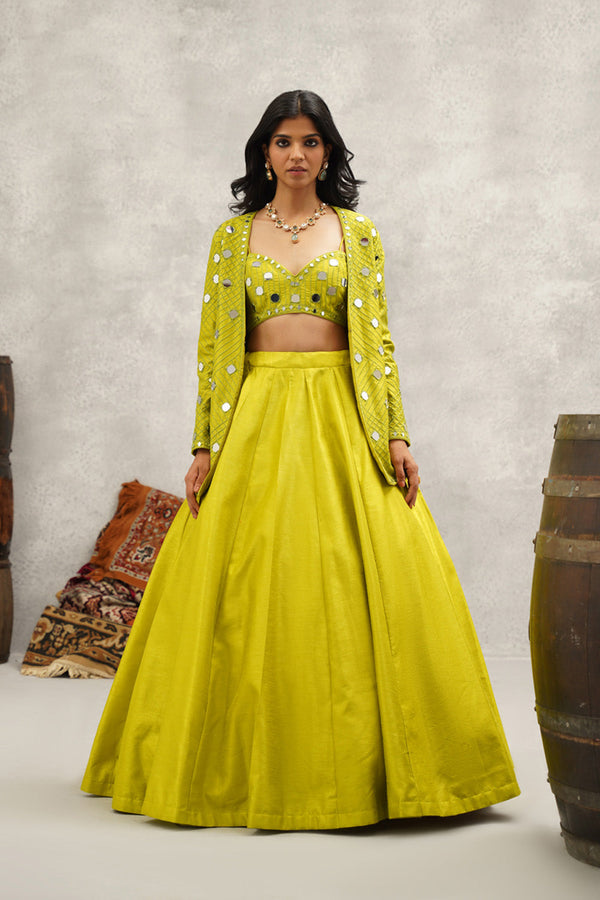 Lime Green Mirror Work Blouse, Jacket And Lehenga Set