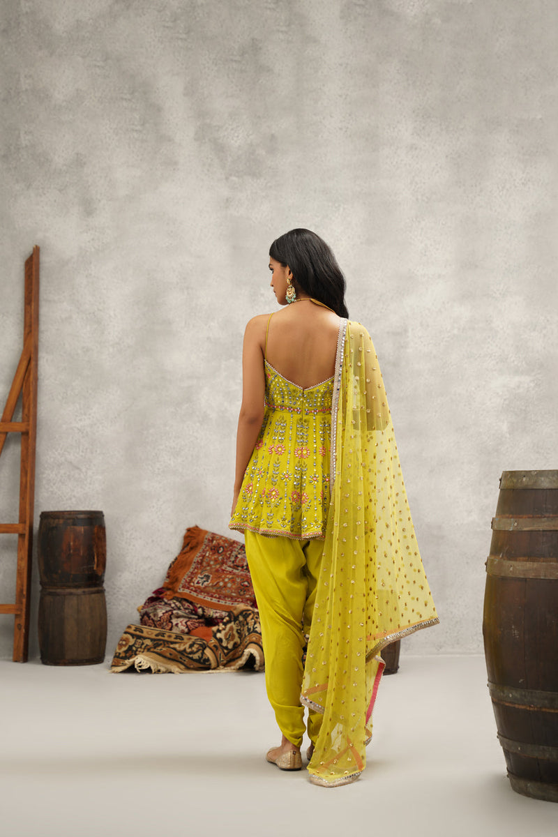 Lime Green Embroidered Peplum, Dhoti And Dupatta Set