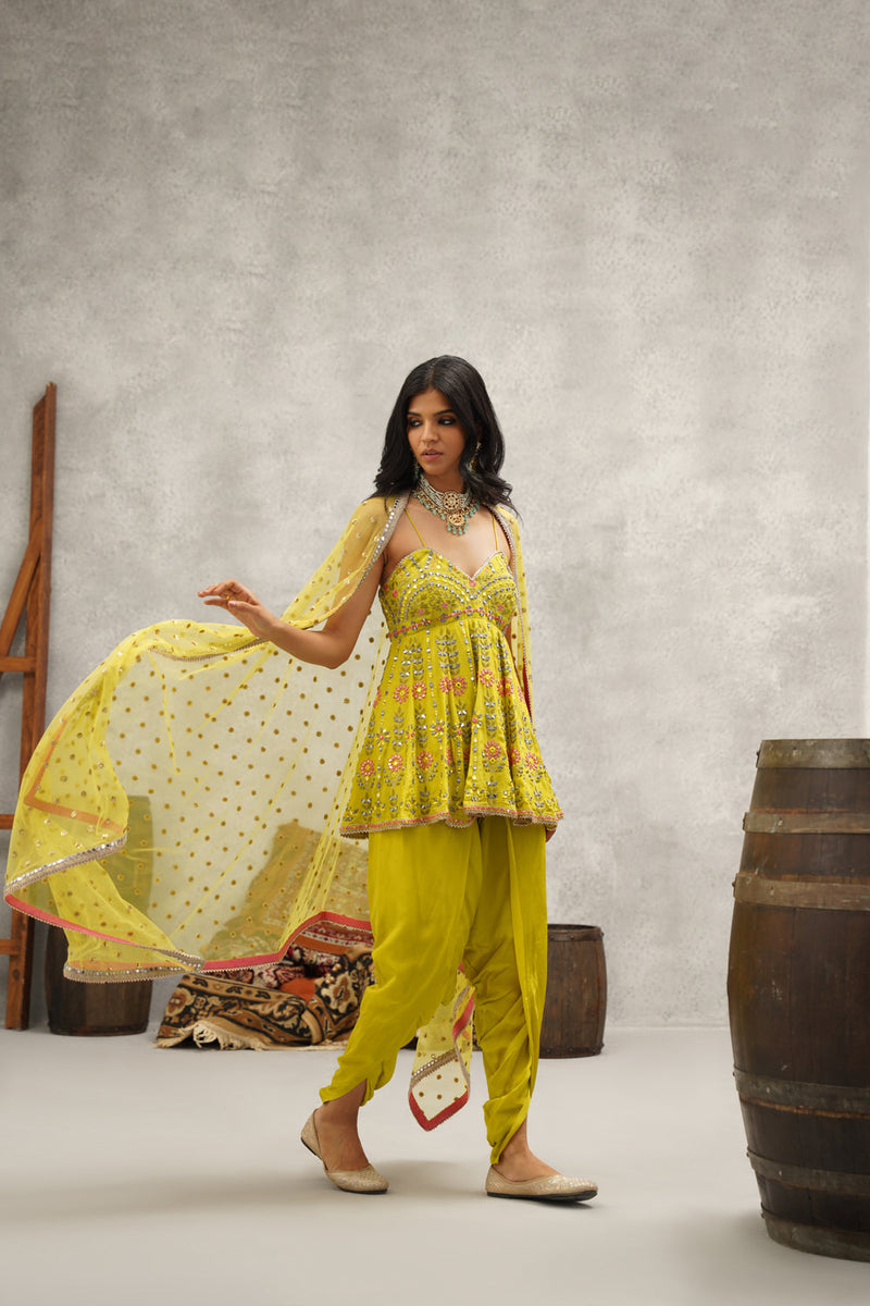 Lime Green Embroidered Peplum, Dhoti And Dupatta Set