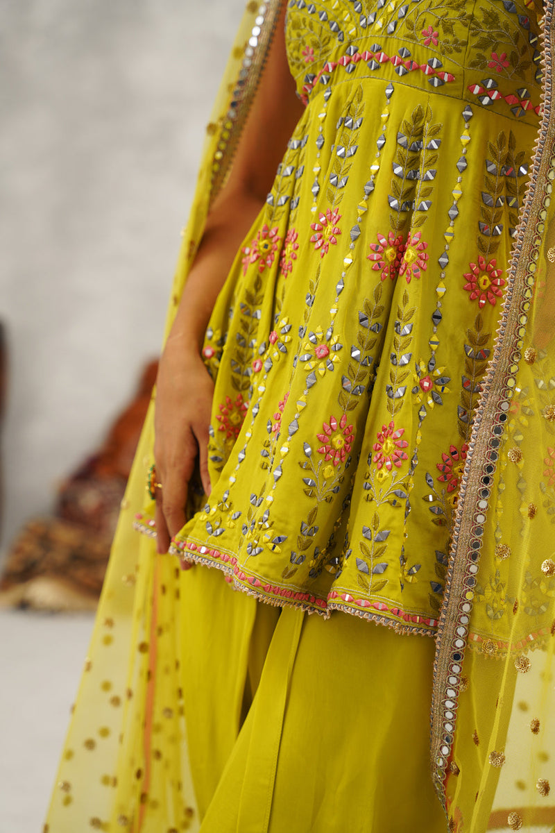 Lime Green Embroidered Peplum, Dhoti And Dupatta Set