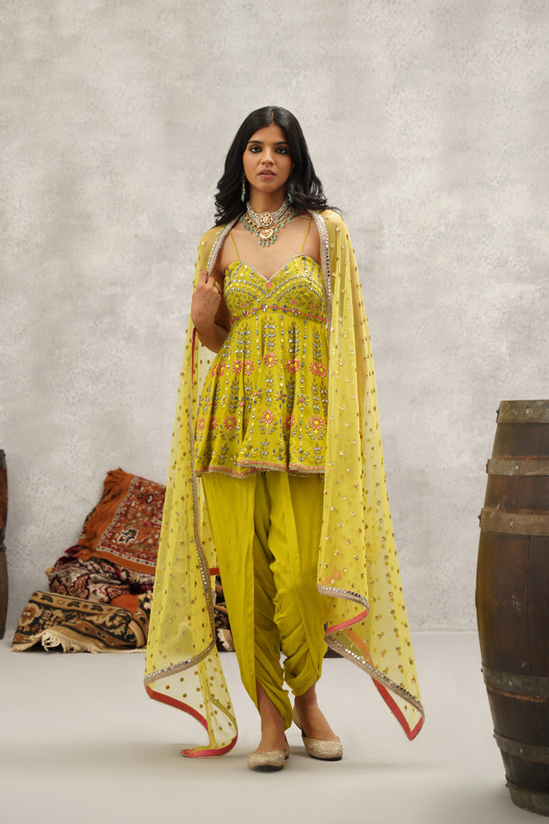 Lime Green Embroidered Peplum, Dhoti And Dupatta Set