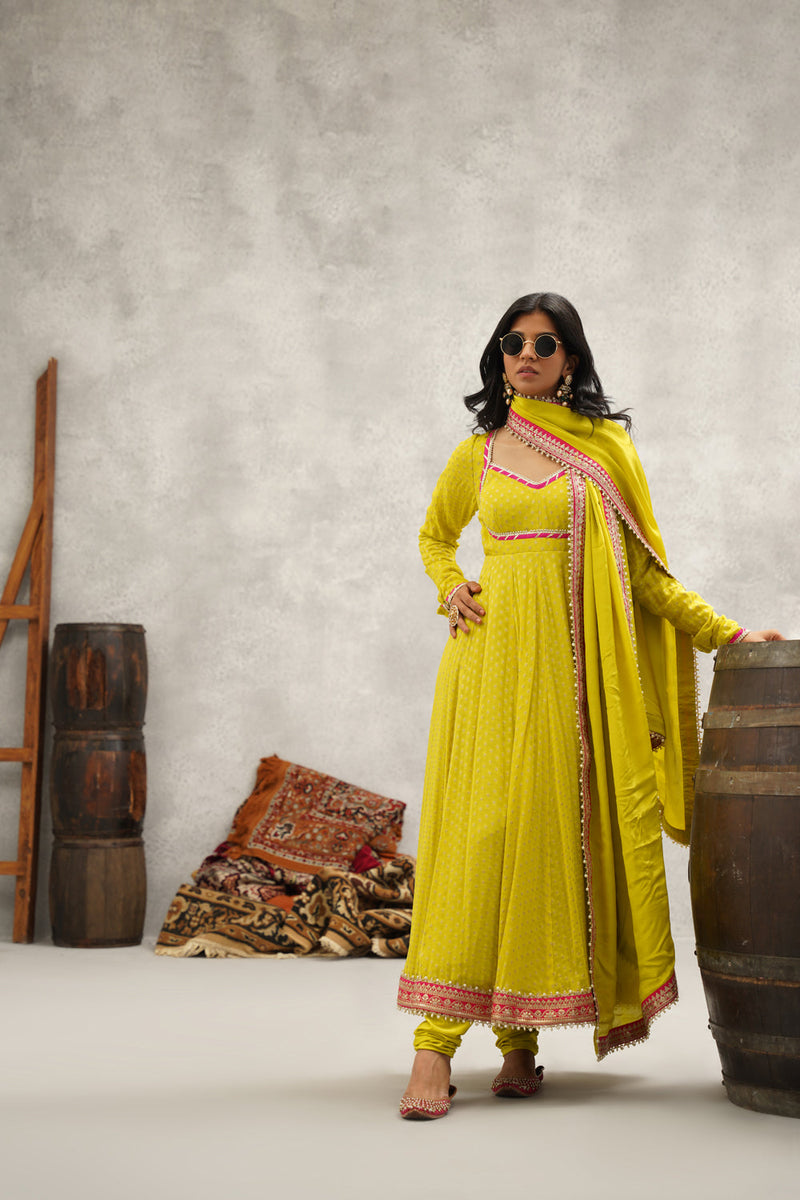 Lime Green Banarsi Georgette Anarkali Set