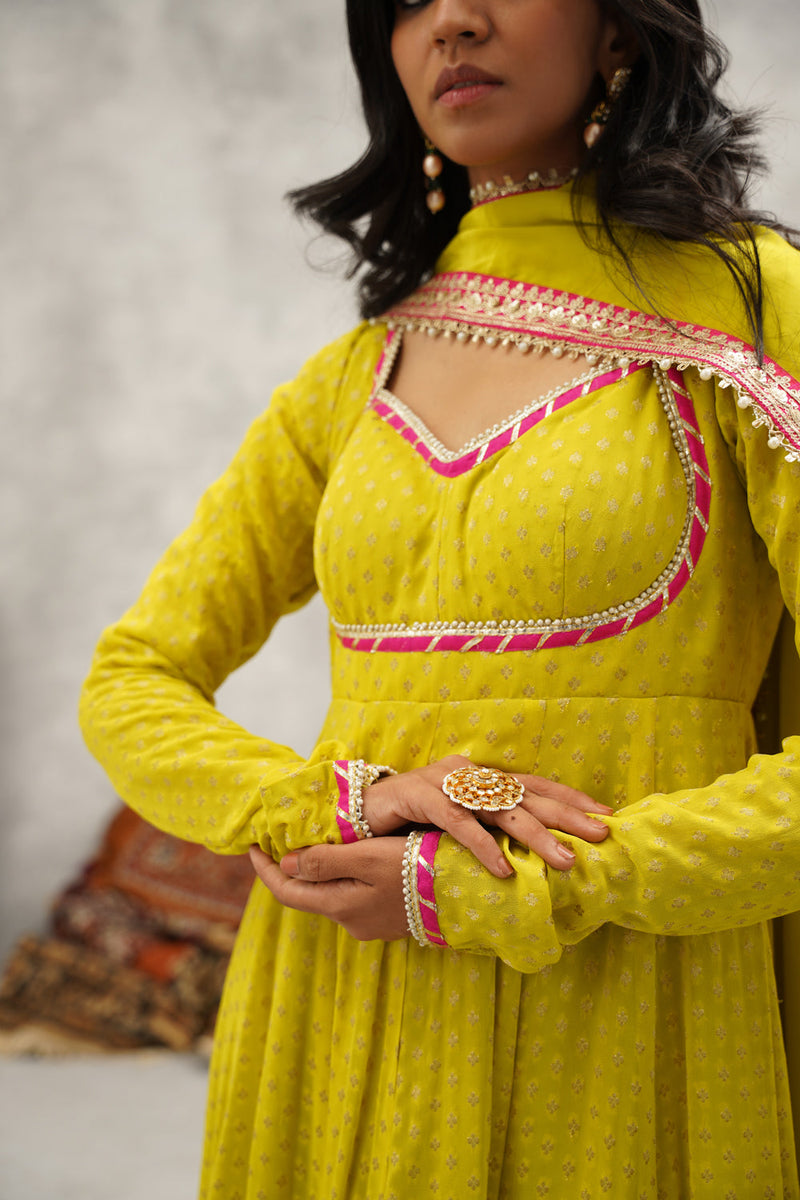 Lime Green Banarsi Georgette Anarkali Set