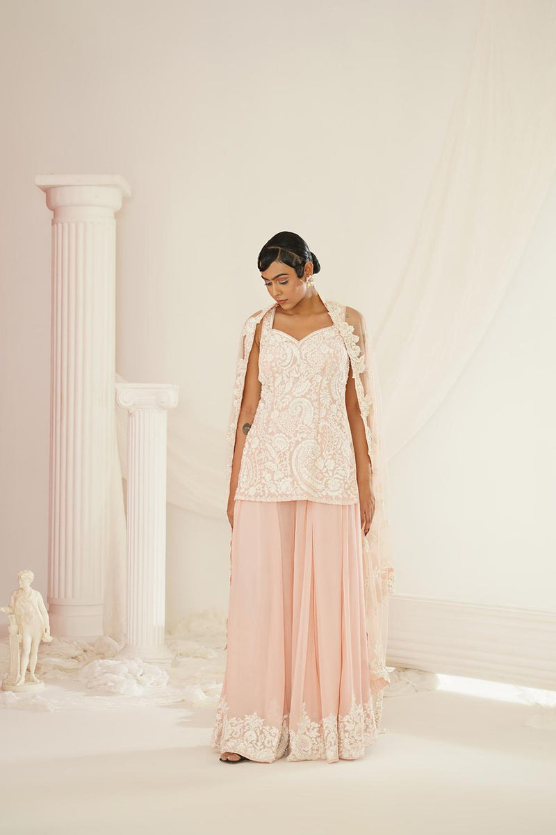 Blush Pink Embellished Kurta, Pallazo And Dupatta