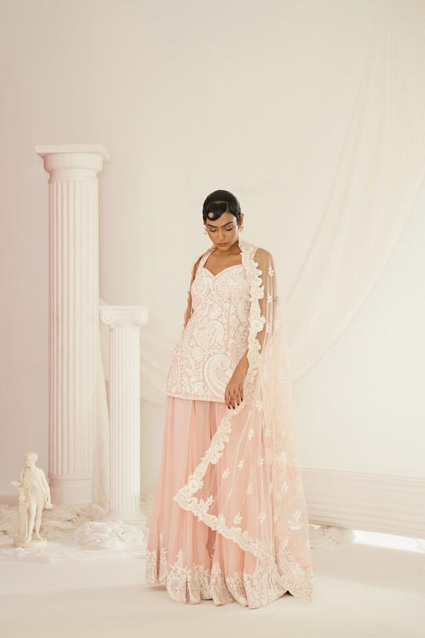 Blush Pink Embellished Kurta, Pallazo And Dupatta