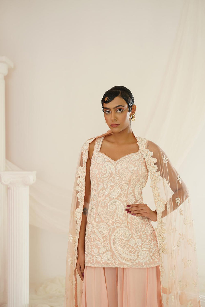 Blush Pink Embellished Kurta, Pallazo And Dupatta