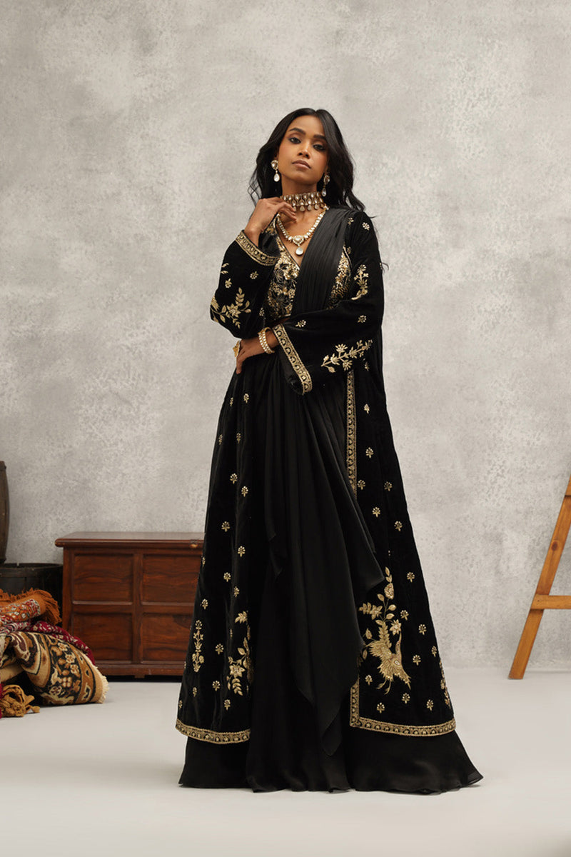 Black Embroidered Saree Set