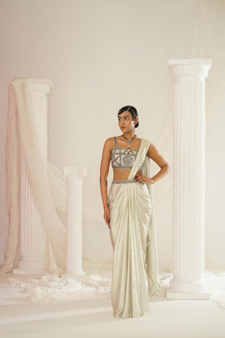 Silver Grey Embroidered Blouse With
 Ready To Wear Drape Saree Set