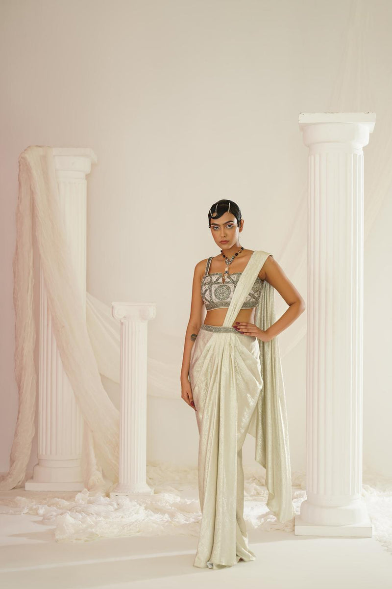 Silver Grey Embroidered Blouse With
 Ready To Wear Drape Saree Set