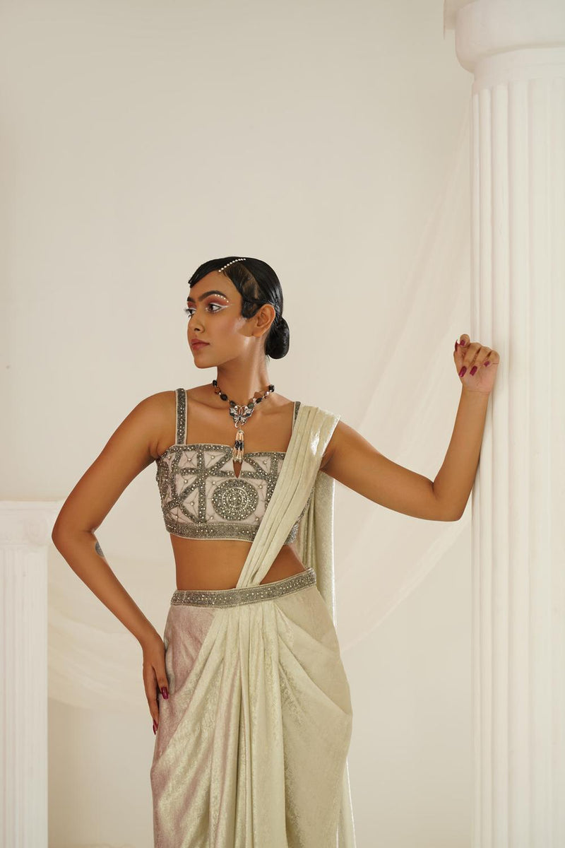 Silver Grey Embroidered Blouse With
 Ready To Wear Drape Saree Set