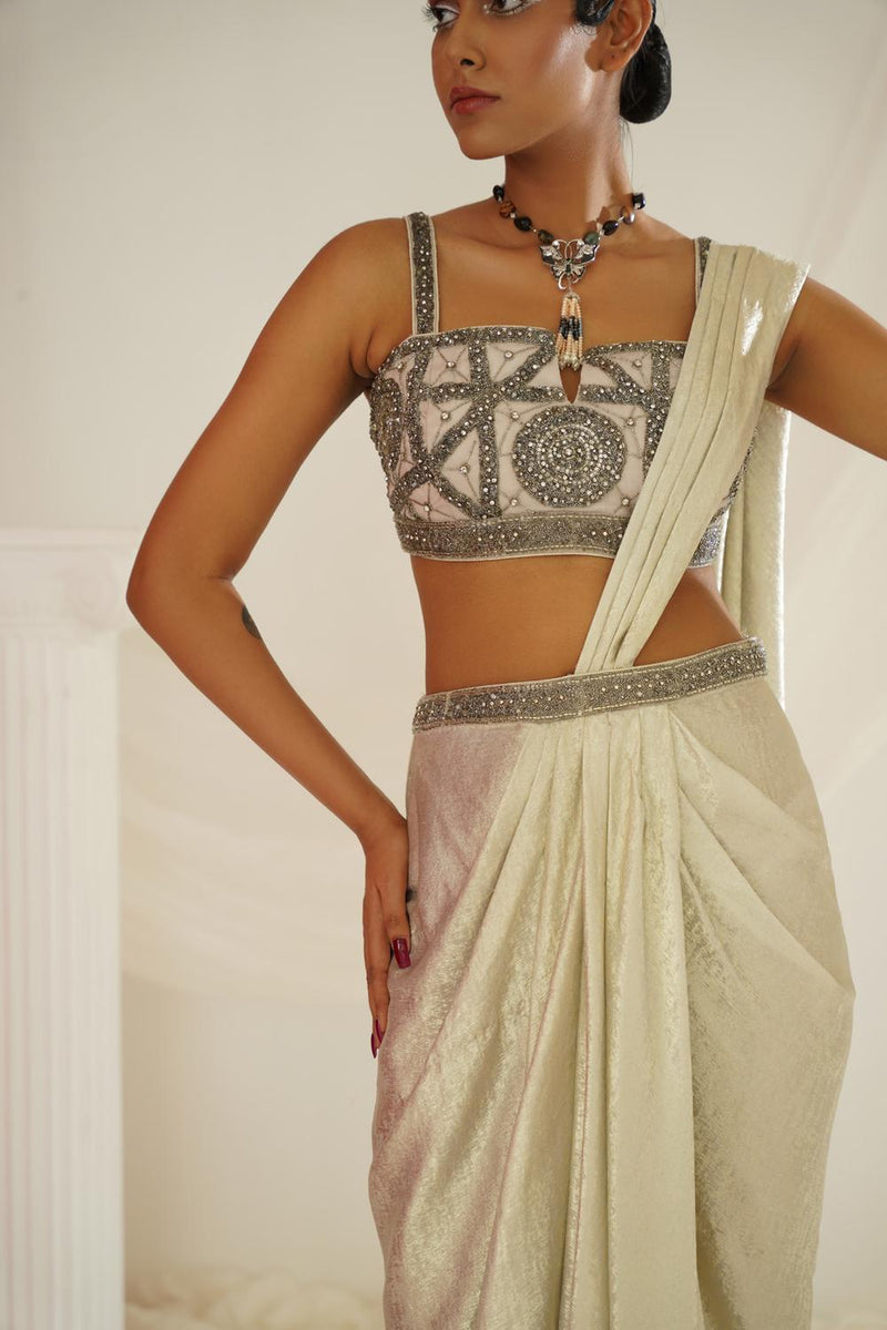 Silver Grey Embroidered Blouse With
 Ready To Wear Drape Saree Set