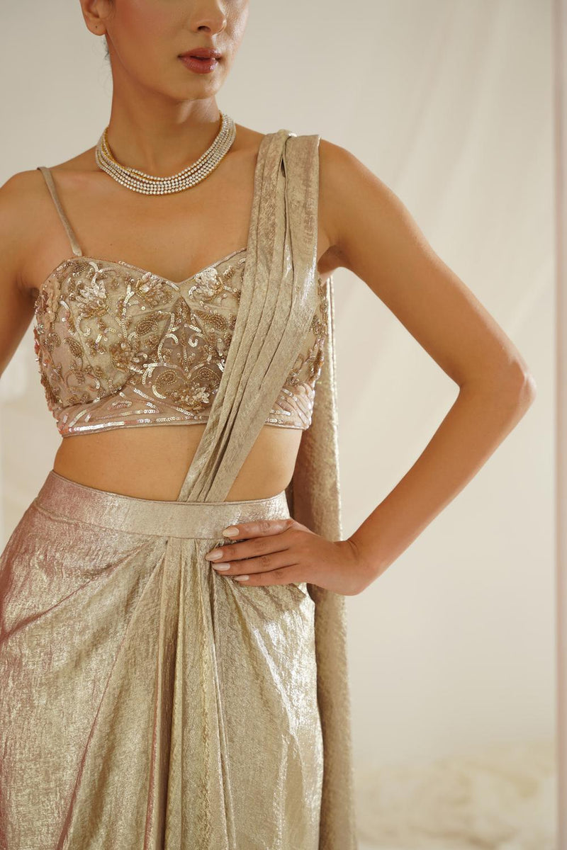 Gold Embroidered Blouse With
 Ready To Wear Drape Saree Set