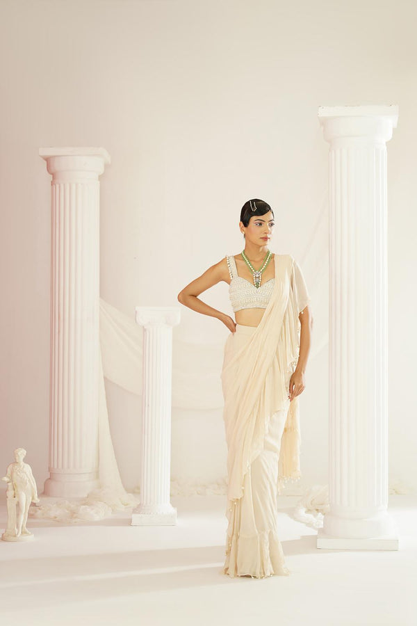 Ivory Embroidered Blouse With Ready To Wear Ruffle Saree Set