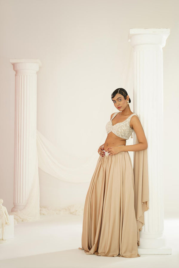 Nude Embellished Lehenga, Blouse And Drape Dupatta