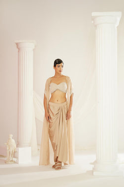 Nude Embellished Blouse, Dhoti And Cape