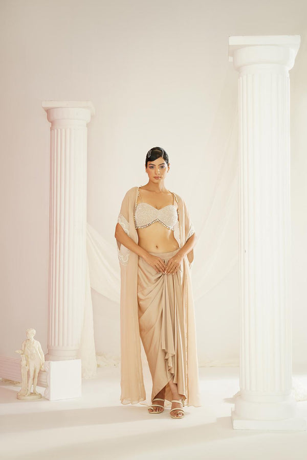 Nude Embellished Blouse, Dhoti And Cape