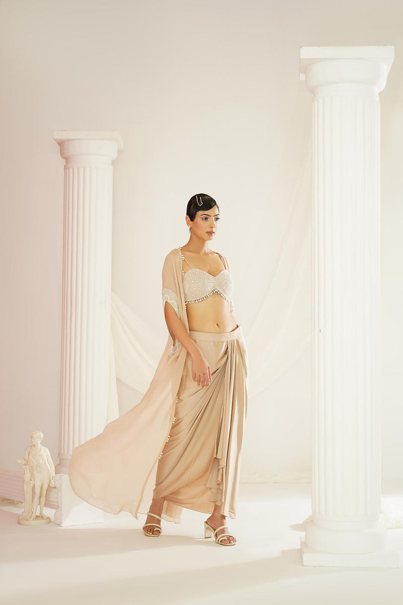 Nude Embellished Blouse, Dhoti And Cape