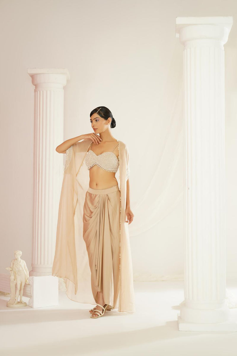 Nude Embellished Blouse, Dhoti And Cape