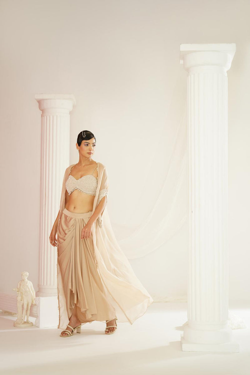 Nude Embellished Blouse, Dhoti And Cape