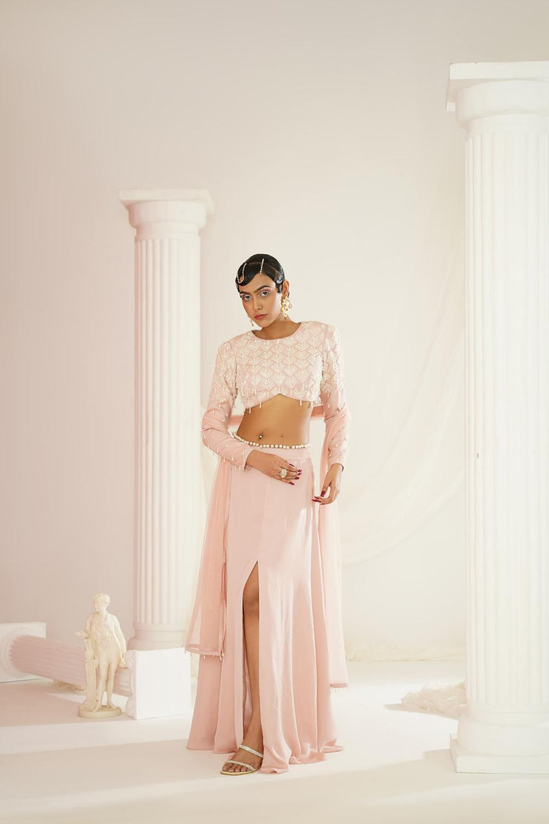 Blush Pink Embellished Lehenga, Blouse 
And Dupatta