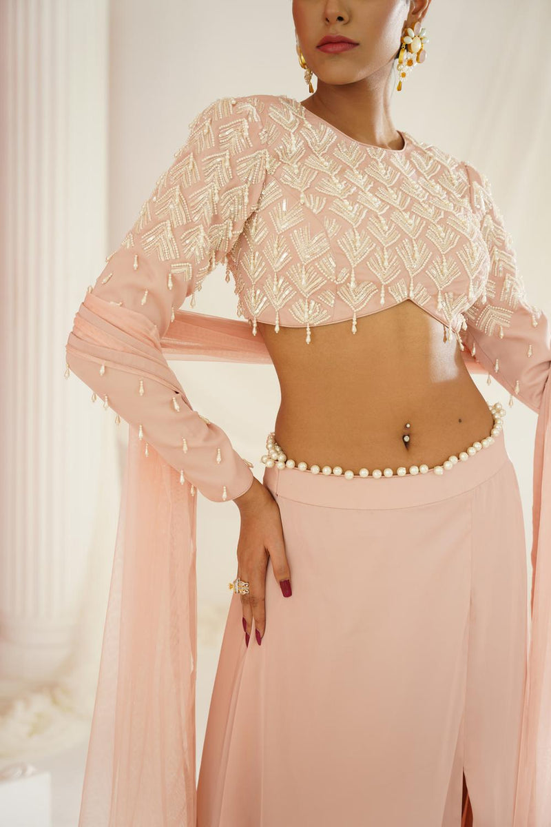 Blush Pink Embellished Lehenga, Blouse 
And Dupatta