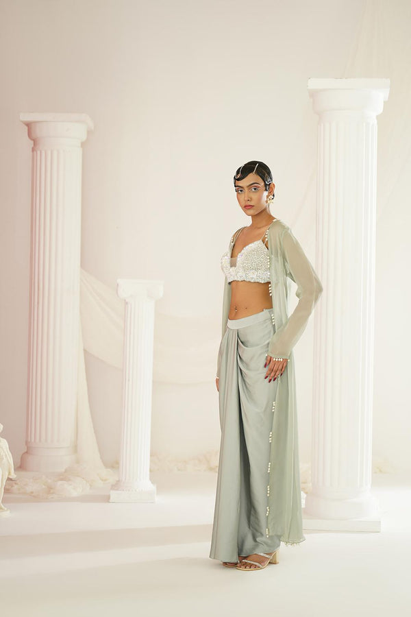 Sage Green Embellished Blouse, Dhoti And Long Jacket