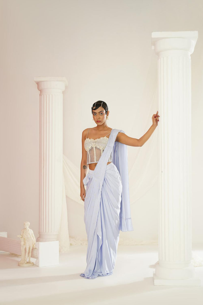 Powder Blue Embroidered Corset Blouse With
 Ready To Wear Drape Saree Set