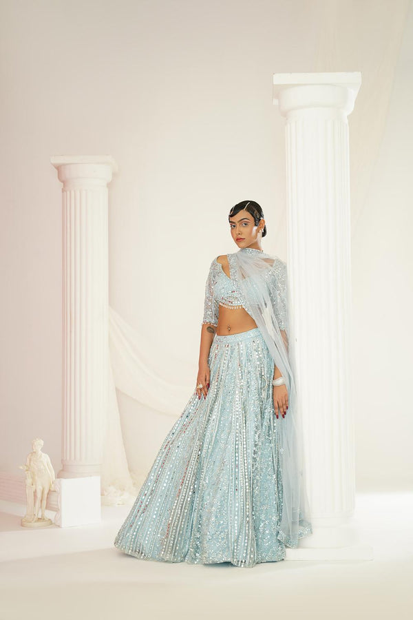 Aqua Blue Embellished Choli, Lehenga And Dupatta