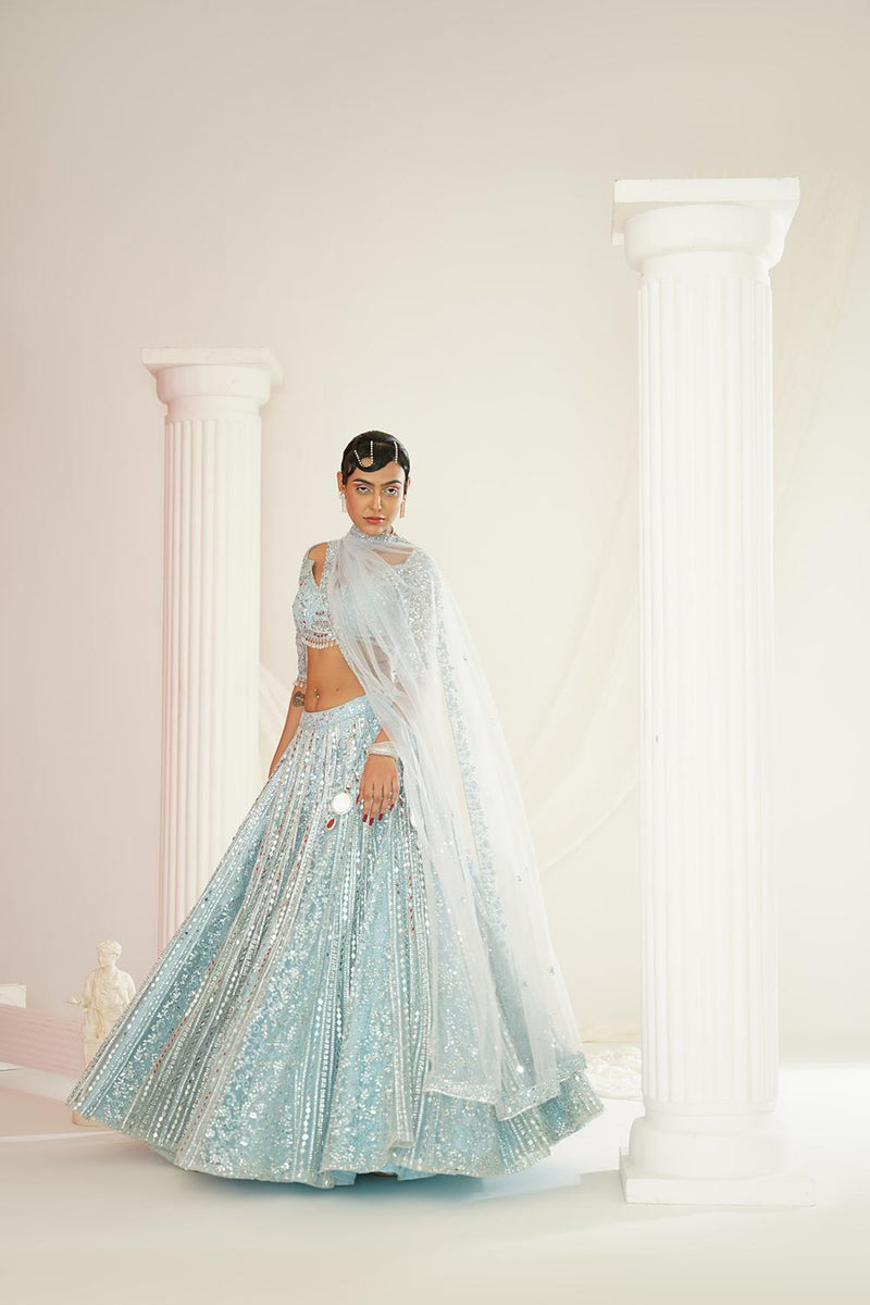 Aqua Blue Embellished Choli, Lehenga And Dupatta